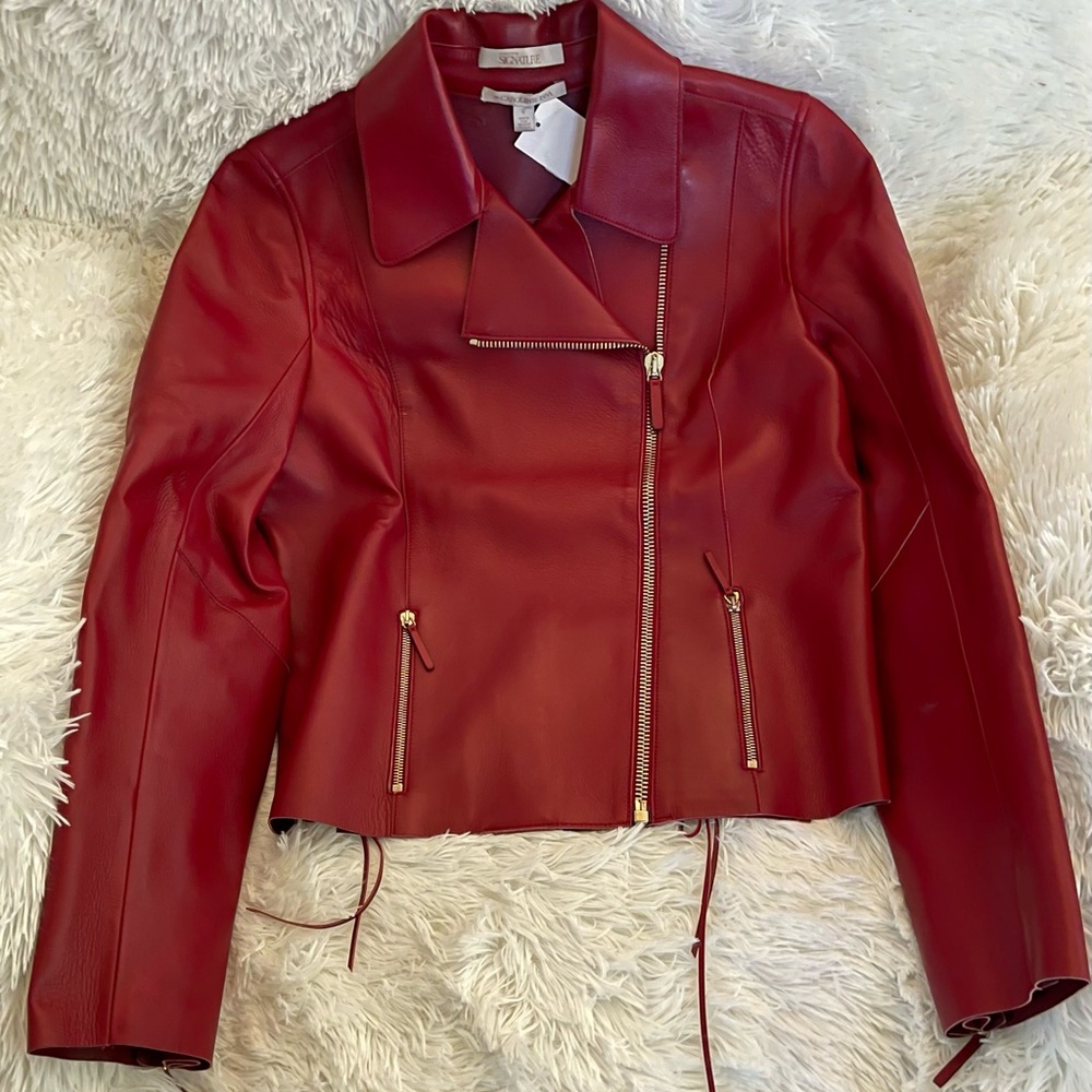 Red designer leather jacket